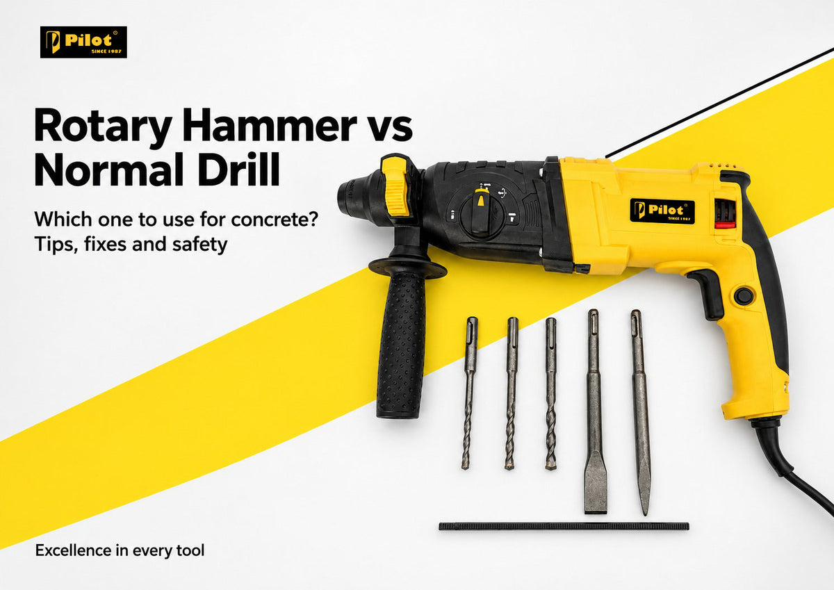 rotary hammer drill drilling a concrete wall, SDS Plus drill bits, rotary hammer vs normal drill, Pilot rotary hammer drill 26mm 1000W