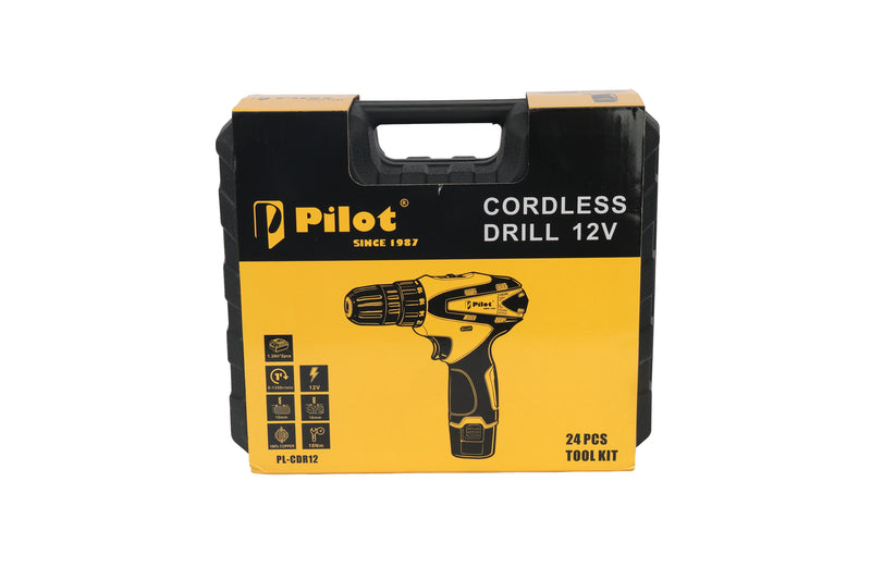 Pilot 12V Cordless Drill Machine Kit – 24 Pcs Tool Set, Copper Motor, 18Nm Torque, 1.3Ah Battery, Portable Screwdriver Drillx for Home & DIY Use
