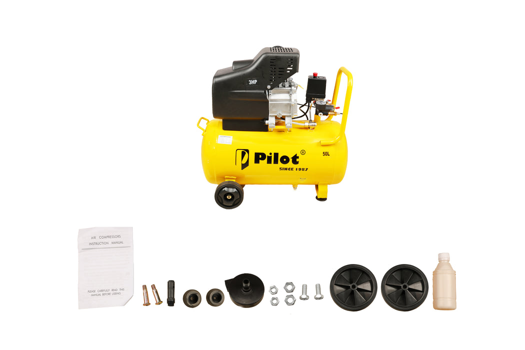 Pilot 3HP Direct Driven Air Compressor 50L Tank, 256L/min Air Displacement, 8 Bar/115 PSI, Heavy Duty Air Compressor for Automotive, Construction, Carpentry, Workshop & Industrial Use