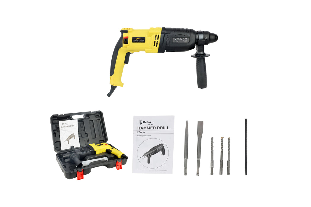 Pilot Rotary Hammer Drill 26MM 1000W | SDS Plus Hammer Drill Machine | Concrete, Brick, Stone & Masonry Drilling, Chiseling & Demolition Tool for Construction, Industrial & DIY Applications