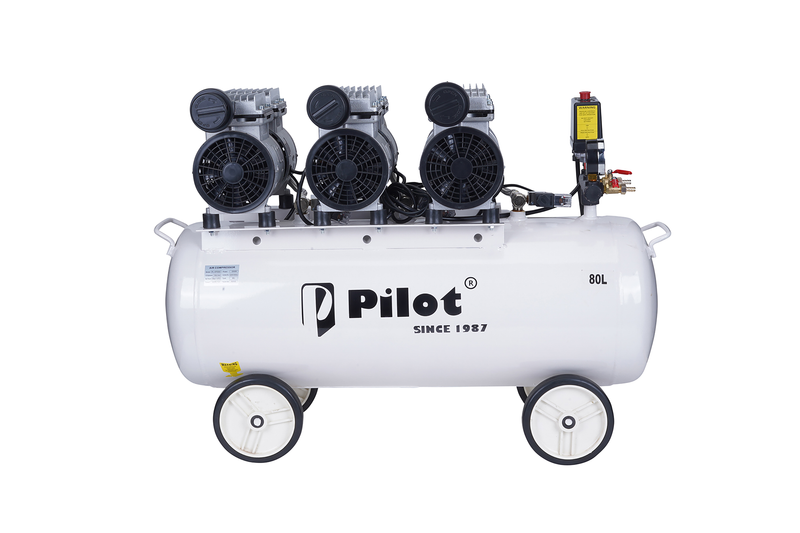 Pilot Oil-Free Silent Air Compressor 80L Tank, 2250W Motor, 150L/min Air Flow, 8 Bar/115 PSI, Low Noise Air Compressor for Dental Clinics, Medical Labs, Workshops, Automotive & Home Use
