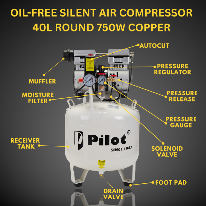 Oil-Free Silent Air Compressor 40L Round 750W Copper | PL-OF40C