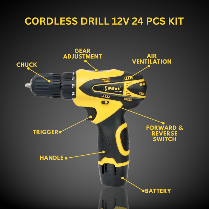 Pilot 12V Cordless Drill Machine Kit – 24 Pcs Tool Set, Copper Motor, 18Nm Torque, 1.3Ah Battery, Portable Screwdriver Drillx for Home & DIY Use