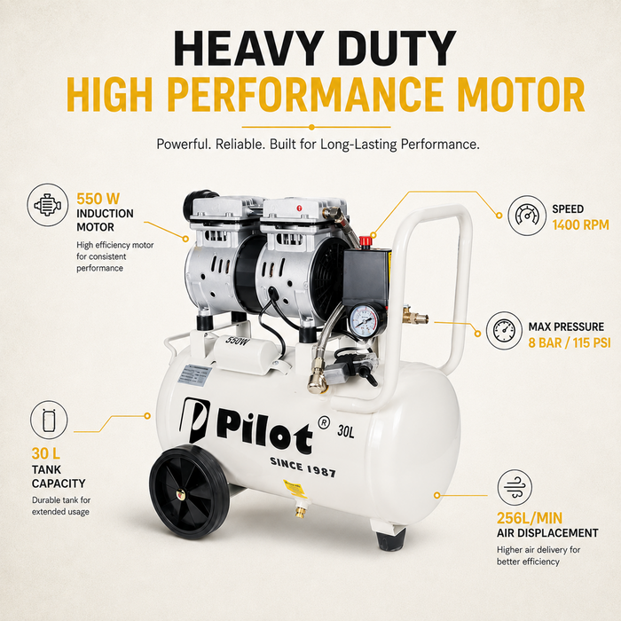 Pilot Tools Oil-Free Silent Air Compressor 30L 550W | Ultra Quiet Portable Air Compressor | 50 L/min Air Displacement | 8 Bar (115 PSI) Max Pressure | 1440 RPM | 220V for Dental, Medical, Airbrushing & DIY Applications |  PL-OF30