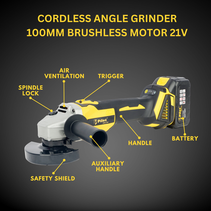 Pilot 21V Cordless Angle Grinder 100MM | 21V Brushless Motor | 11000 RPM | 4.0Ah Battery | Electric Grinder for Cutting & Grinding Metal