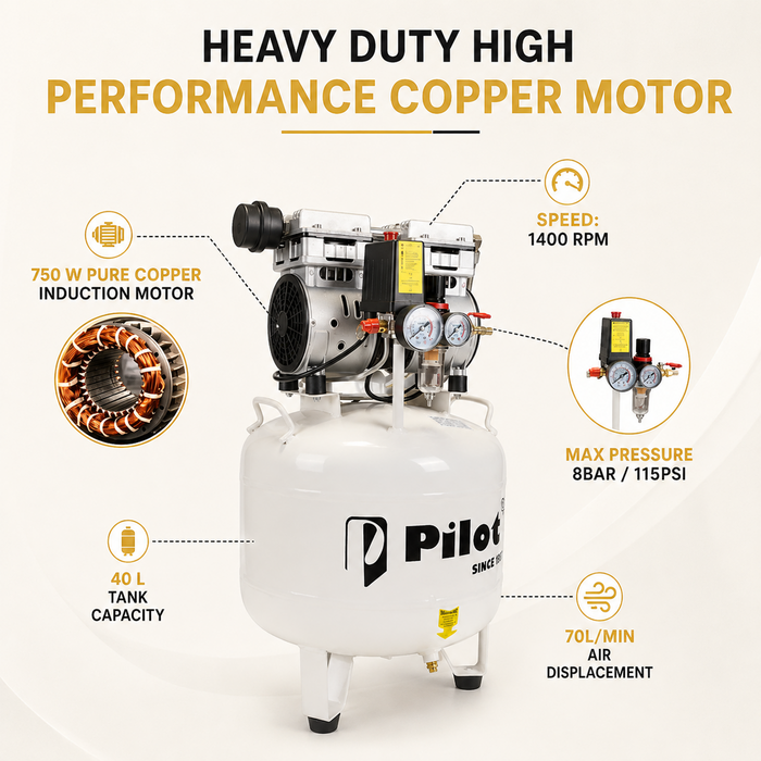 Pilot Tools Oil-Free Silent Air Compressor 40L Round 750W Copper | PL-OF40C