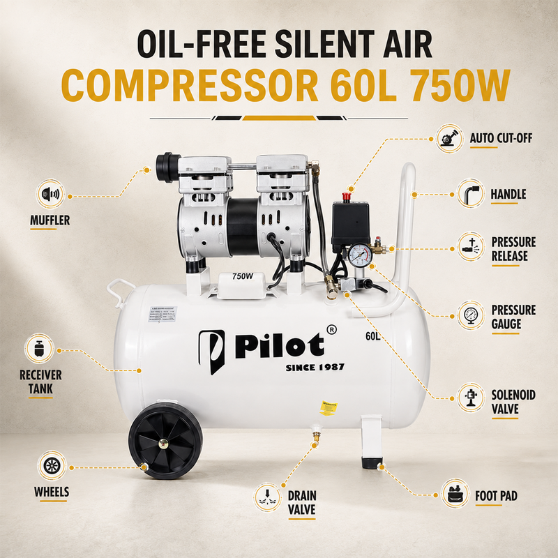 Pilot Oil-Free Silent Air Compressor 60L Tank, 750W Motor, 70L/min Air Flow, 8 Bar/115 PSI, Low Noise Air Compressor for Dental Clinics, Laboratories, Painting, Workshop & Home Use