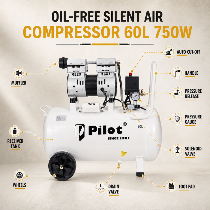 Pilot Oil-Free Silent Air Compressor 60L Tank, 750W Motor, 70L/min Air Flow, 8 Bar/115 PSI, Low Noise Air Compressor for Dental Clinics, Laboratories, Painting, Workshop & Home Use