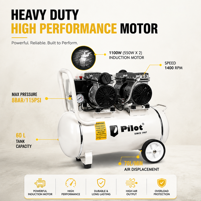 Pilot  Oil-Free Silent Air Compressor 60L Tank, 1100W Motor, 100L/min Air Flow, 8 Bar/115 PSI, Low Noise Air Compressor for Dental Clinics, Laboratories, Workshops, Airbrushing & Home Use