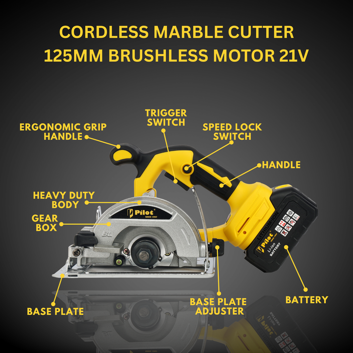 Pilot 21V Cordless Marble Cutter 125MM | Brushless Motor, 4.0Ah Battery, 5000 RPM, Heavy Duty Tile Granite Stone Cutting Machine