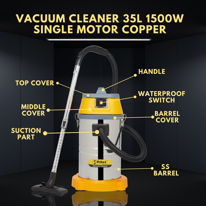 Pilot 35L Wet and Dry Vacuum Cleaner | 1500W Single Copper Motor | Stainless Steel Body | High Suction Heavy Duty Industrial Vacuum | Ideal for Home, Car, Garage & Workshop Use
