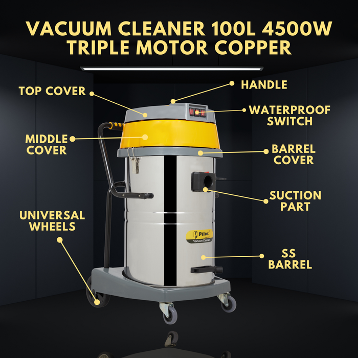 Pilot 100L Wet and Dry Vacuum Cleaner | 4500W Triple Copper Motor | Stainless Steel Body | Heavy Duty Industrial Vacuum | High Suction for Factory, Garage & Commercial Use
