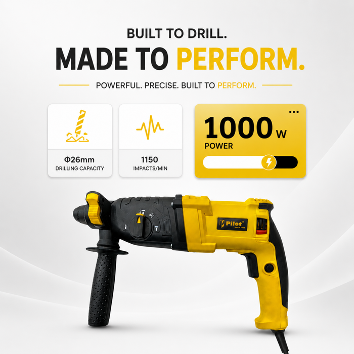 Pilot Rotary Hammer Drill 26MM 1000W | SDS Plus Hammer Drill Machine | Concrete, Brick, Stone & Masonry Drilling, Chiseling & Demolition Tool for Construction, Industrial & DIY Applications