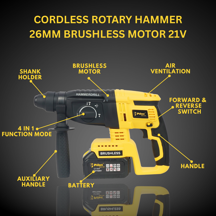 Pilot 21V Cordless Rotary Hammer Drill | Brushless Copper Motor, 3.0Ah Battery, SDS Plus Chuck 26MM, 3.0J Impact Energy, 0-2800 RPM | Heavy Duty Concrete Drilling Machine