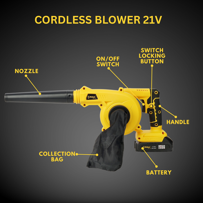 Pilot 21V Cordless Blower | 11000 RPM High-Speed Airflow | 2.3 m³/min | 2.0Ah Battery | Lightweight Electric Air Blower for Home, Car & Workshop Cleaning