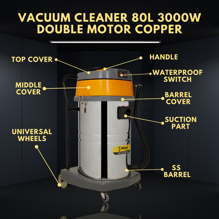 Pilot 80L Wet and Dry Vacuum Cleaner | 3000W Double Copper Motor | Stainless Steel Body | Heavy Duty Industrial Vacuum Cleaner for Home, Commercial, Workshop & Garage Use