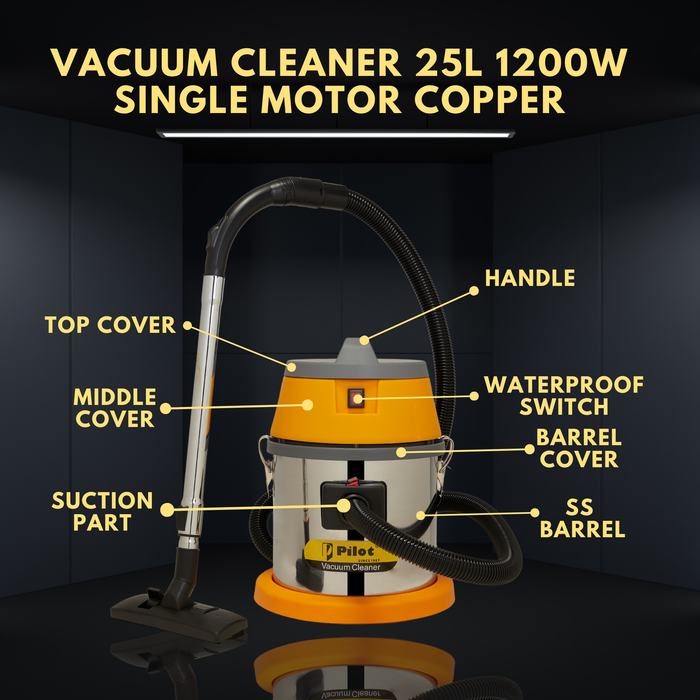 Pilot 25L Wet & Dry Vacuum Cleaner for Home & Commercial Use | 1200W Copper Motor | High Suction 2000mm H₂O | Compact & Portable |  High Strength Stainless Steel Body