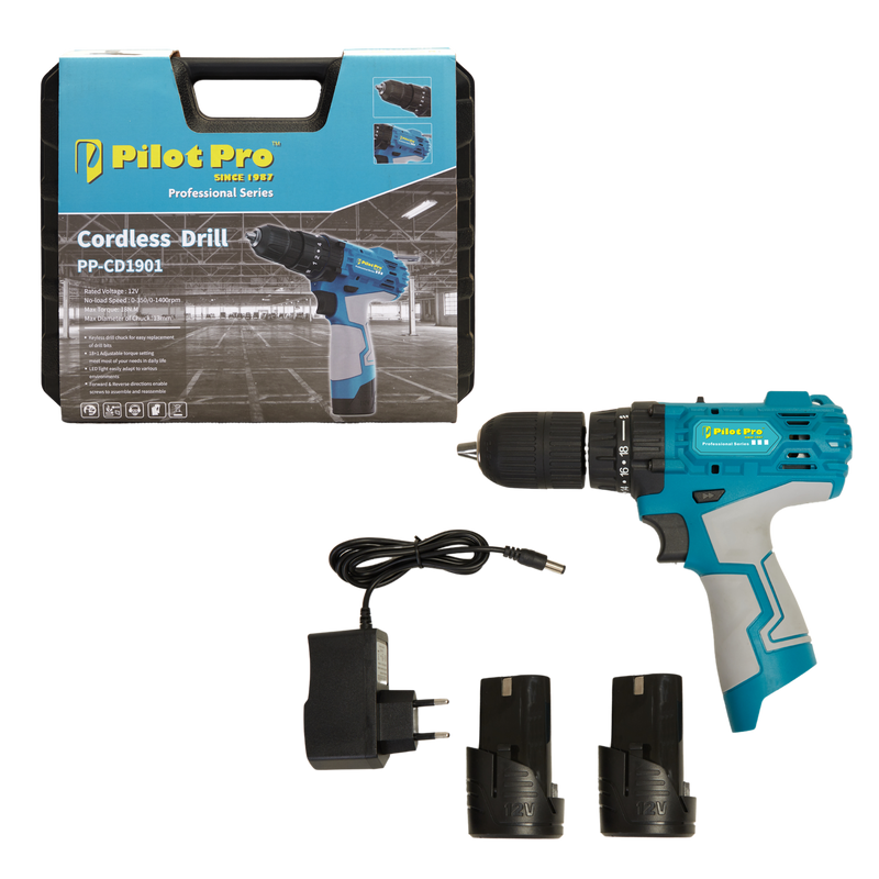 Pilot 12V Cordless Drill Machine | 18Nm Torque | 13mm Keyless Chuck | 1500mAh Rechargeable Battery | Variable Speed Drill Driver for Wood, Metal, DIY & Home Improvement