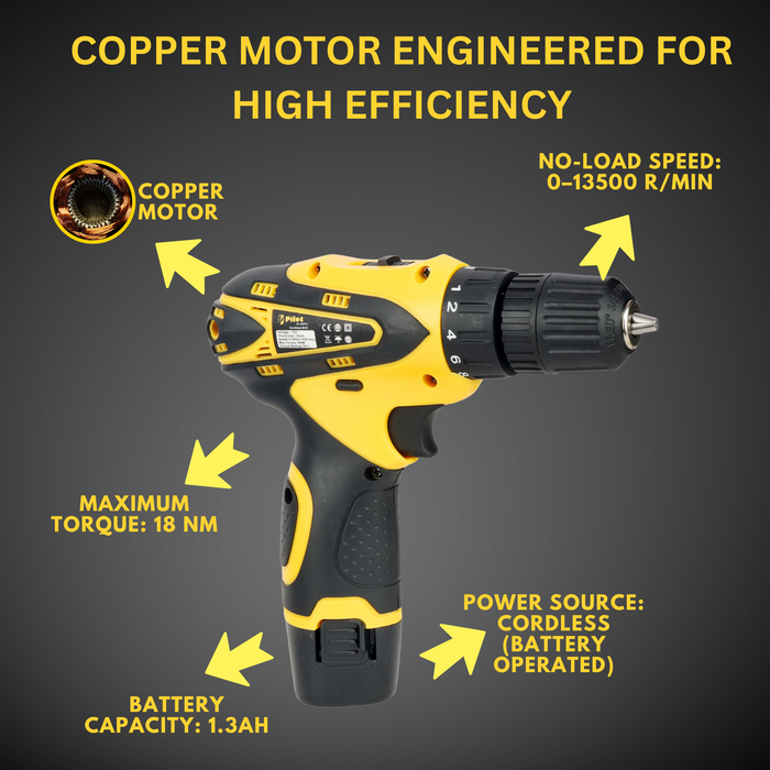 Pilot 12V Cordless Drill Machine Kit – 24 Pcs Tool Set, Copper Motor, 18Nm Torque, 1.3Ah Battery, Portable Screwdriver Drillx for Home & DIY Use