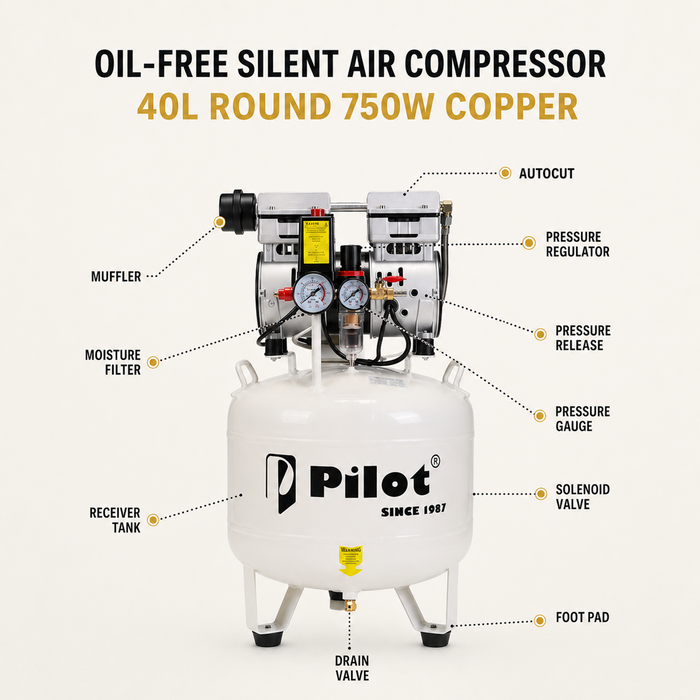 Pilot Tools Oil-Free Silent Air Compressor 40L Round 750W Copper | PL-OF40C
