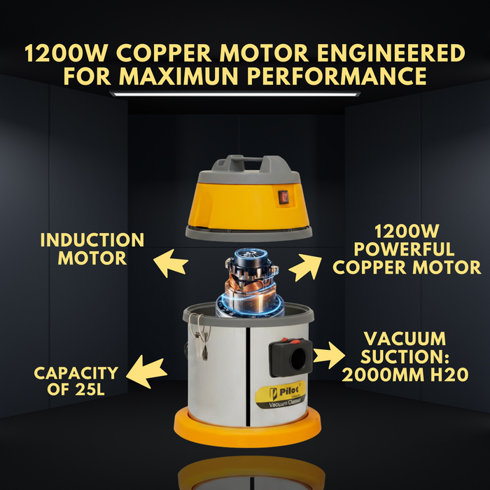 Pilot 25L Wet & Dry Vacuum Cleaner for Home & Commercial Use | 1200W Copper Motor | High Suction 2000mm H₂O | Compact & Portable |  High Strength Stainless Steel Body