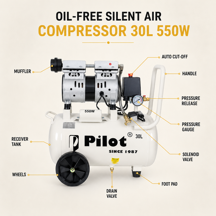 Pilot Tools Oil-Free Silent Air Compressor 30L 550W | Ultra Quiet Portable Air Compressor | 50 L/min Air Displacement | 8 Bar (115 PSI) Max Pressure | 1440 RPM | 220V for Dental, Medical, Airbrushing & DIY Applications |  PL-OF30