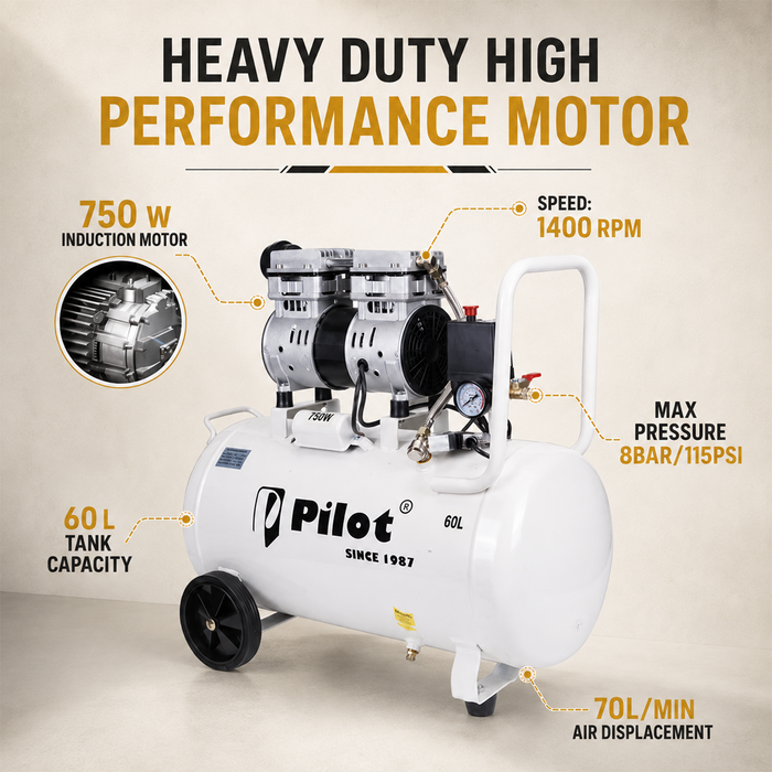 Pilot Oil-Free Silent Air Compressor 60L Tank, 750W Motor, 70L/min Air Flow, 8 Bar/115 PSI, Low Noise Air Compressor for Dental Clinics, Laboratories, Painting, Workshop & Home Use