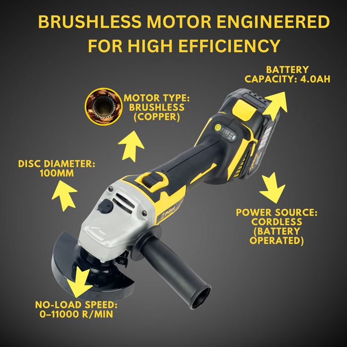 Pilot 21V Cordless Angle Grinder 100MM | 21V Brushless Motor | 11000 RPM | 4.0Ah Battery | Electric Grinder for Cutting & Grinding Metal