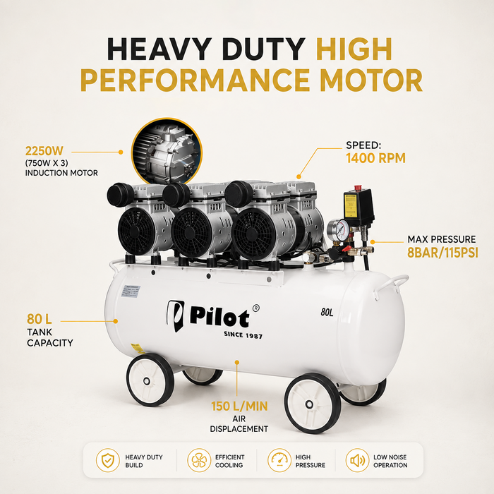 Pilot Oil-Free Silent Air Compressor 80L Tank, 2250W Motor, 150L/min Air Flow, 8 Bar/115 PSI, Low Noise Air Compressor for Dental Clinics, Medical Labs, Workshops, Automotive & Home Use