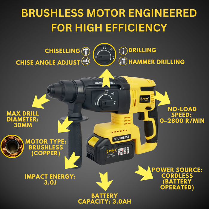 Pilot 21V Cordless Rotary Hammer Drill | Brushless Copper Motor, 3.0Ah Battery, SDS Plus Chuck 26MM, 3.0J Impact Energy, 0-2800 RPM | Heavy Duty Concrete Drilling Machine