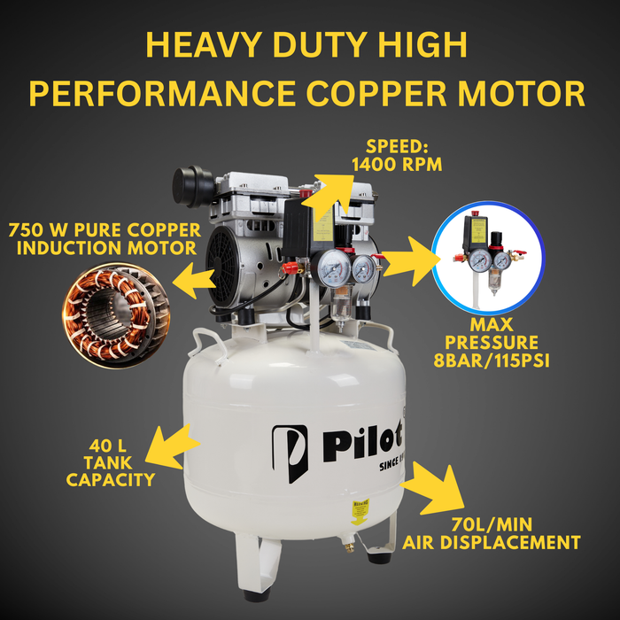Oil-Free Silent Air Compressor 40L Round 750W Copper | PL-OF40C