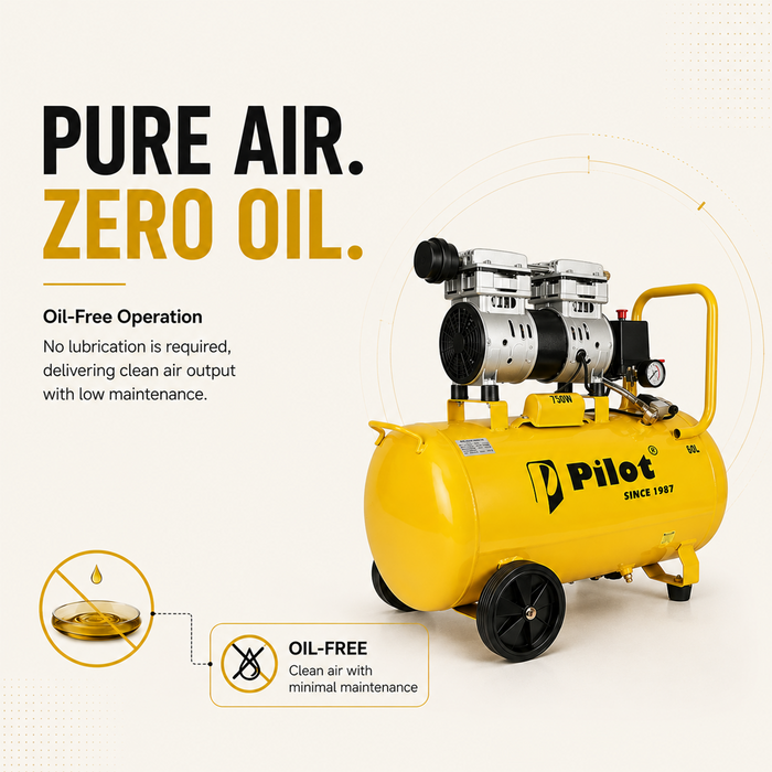 PILOT 60L Oil-Free Silent Air Compressor 750W Copper Motor | 8 Bar Pressure | Low Noise Air Compressor for Medical, Workshop & Home Use