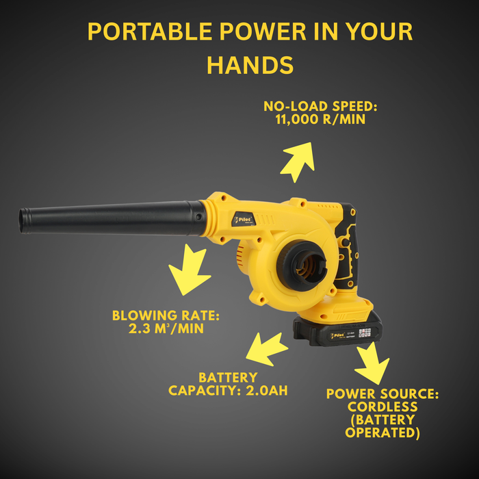 Pilot 21V Cordless Blower | 11000 RPM High-Speed Airflow | 2.3 m³/min | 2.0Ah Battery | Lightweight Electric Air Blower for Home, Car & Workshop Cleaning