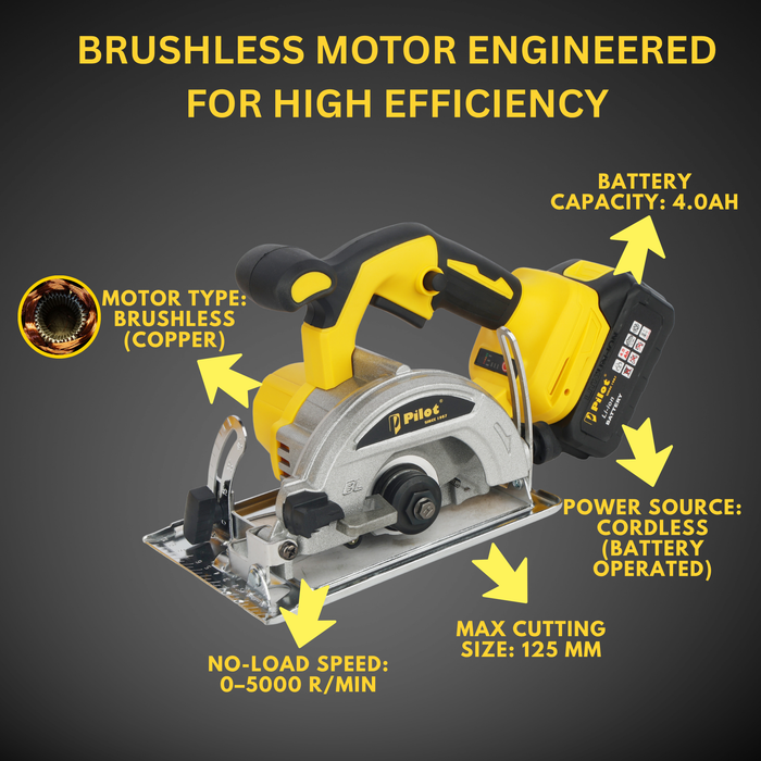 Pilot 21V Cordless Marble Cutter 125MM | Brushless Motor, 4.0Ah Battery, 5000 RPM, Heavy Duty Tile Granite Stone Cutting Machine