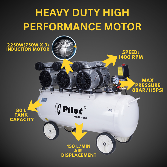 Oil-Free Silent Air Compressor 80L 2250W (750WX3) | PL-OF5503