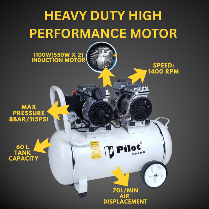 Oil-Free Silent Air Compressor 60L 1100W (550WX2) | PL-OF5502