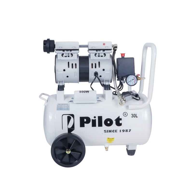 Pilot Tools Oil-Free Silent Air Compressor 30L 550W | Ultra Quiet Portable Air Compressor | 50 L/min Air Displacement | 8 Bar (115 PSI) Max Pressure | 1440 RPM | 220V for Dental, Medical, Airbrushing & DIY Applications |  PL-OF30