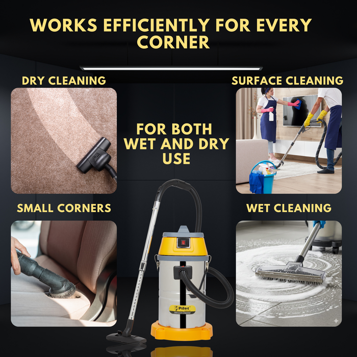Pilot 45L Wet and Dry Vacuum Cleaner | 1500W Copper Motor (Single) | Stainless Steel Body | High Suction Heavy Duty Industrial Vacuum | Ideal for Home, Car, Garage & Workshop Use