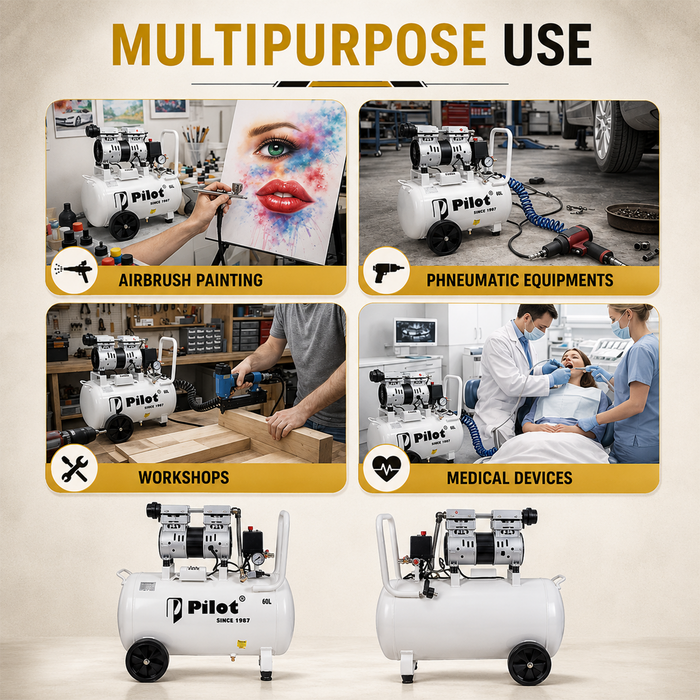 Pilot Oil-Free Silent Air Compressor 60L Tank, 750W Motor, 70L/min Air Flow, 8 Bar/115 PSI, Low Noise Air Compressor for Dental Clinics, Laboratories, Painting, Workshop & Home Use