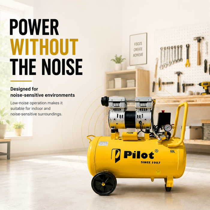 PILOT 60L Oil-Free Silent Air Compressor 750W Copper Motor | 8 Bar Pressure | Low Noise Air Compressor for Medical, Workshop & Home Use