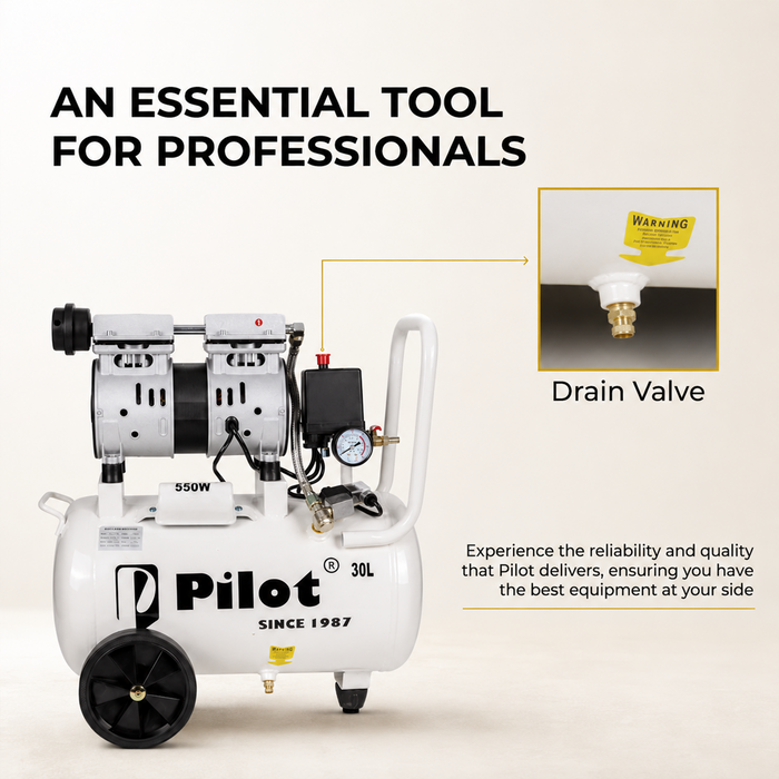 Pilot Tools Oil-Free Silent Air Compressor 30L 550W | Ultra Quiet Portable Air Compressor | 50 L/min Air Displacement | 8 Bar (115 PSI) Max Pressure | 1440 RPM | 220V for Dental, Medical, Airbrushing & DIY Applications |  PL-OF30