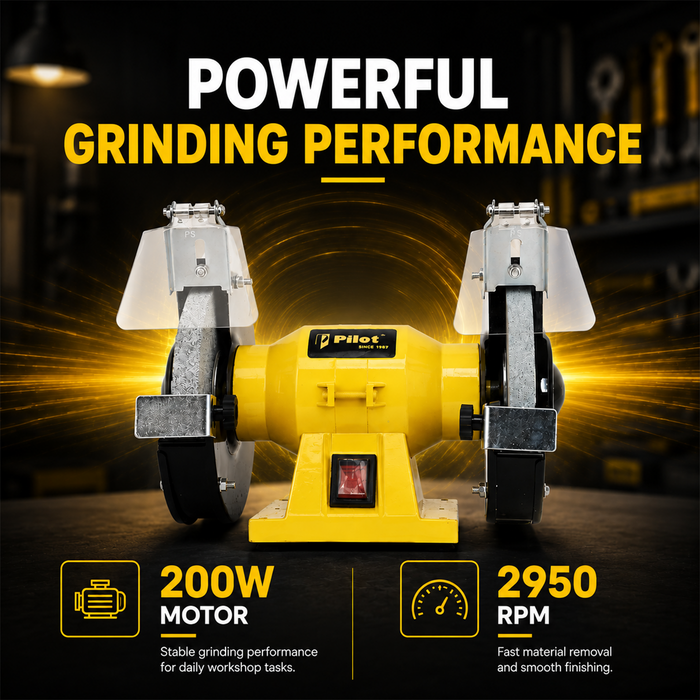 Pilot Bench Grinder 6 Inch 200W Electric Grinding Machine | 2950 RPM Heavy Duty Bench Grinder for Tool Sharpening, Metal Grinding, Rust Removal, Polishing & Workshop Use