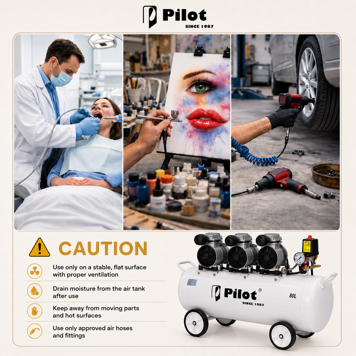 Pilot Oil-Free Silent Air Compressor 80L Tank, 2250W Motor, 150L/min Air Flow, 8 Bar/115 PSI, Low Noise Air Compressor for Dental Clinics, Medical Labs, Workshops, Automotive & Home Use