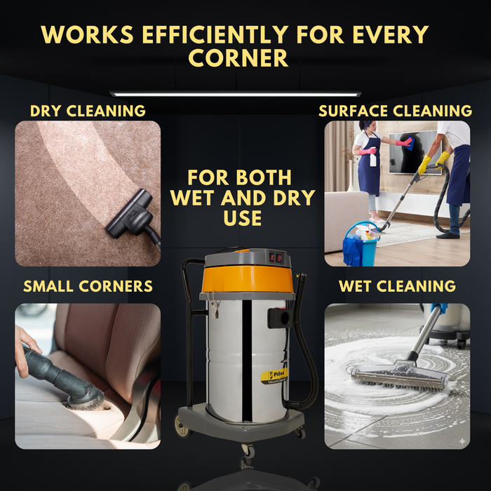 Pilot 80L Wet and Dry Vacuum Cleaner | 3000W Double Copper Motor | Stainless Steel Body | Heavy Duty Industrial Vacuum Cleaner for Home, Commercial, Workshop & Garage Use