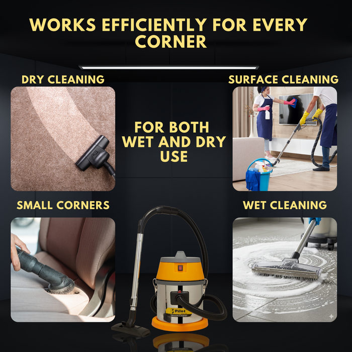Pilot 25L Wet & Dry Vacuum Cleaner for Home & Commercial Use | 1200W Copper Motor | High Suction 2000mm H₂O | Compact & Portable |  High Strength Stainless Steel Body