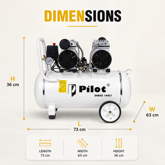 Pilot  Oil-Free Silent Air Compressor 60L Tank, 1100W Motor, 100L/min Air Flow, 8 Bar/115 PSI, Low Noise Air Compressor for Dental Clinics, Laboratories, Workshops, Airbrushing & Home Use
