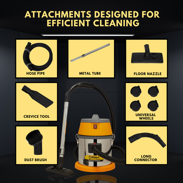 Pilot 25L Wet & Dry Vacuum Cleaner for Home & Commercial Use | 1200W Copper Motor | High Suction 2000mm H₂O | Compact & Portable |  High Strength Stainless Steel Body