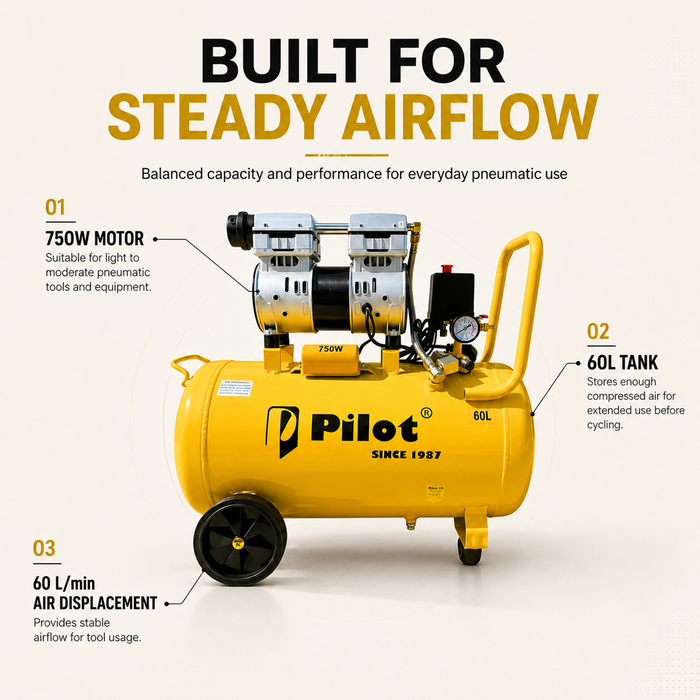 PILOT 60L Oil-Free Silent Air Compressor 750W Copper Motor | 8 Bar Pressure | Low Noise Air Compressor for Medical, Workshop & Home Use