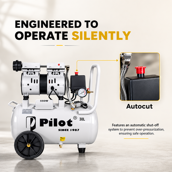 Pilot Tools Oil-Free Silent Air Compressor 30L 550W | Ultra Quiet Portable Air Compressor | 50 L/min Air Displacement | 8 Bar (115 PSI) Max Pressure | 1440 RPM | 220V for Dental, Medical, Airbrushing & DIY Applications |  PL-OF30