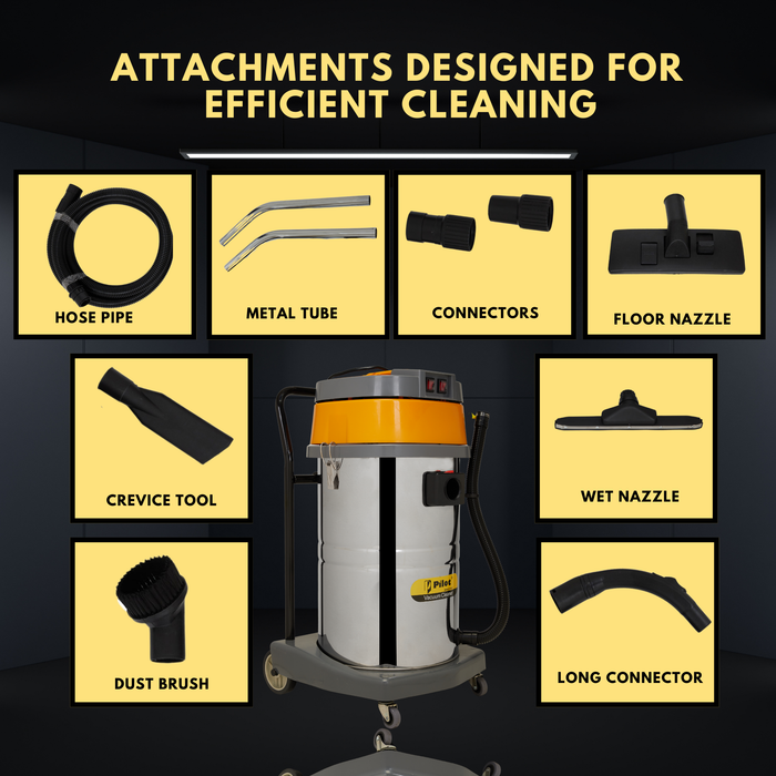 Pilot 80L Wet and Dry Vacuum Cleaner | 3000W Double Copper Motor | Stainless Steel Body | Heavy Duty Industrial Vacuum Cleaner for Home, Commercial, Workshop & Garage Use
